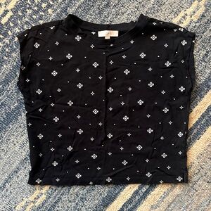 LOFT Black and White Patterned Embroidered Cap Sleeve Tee